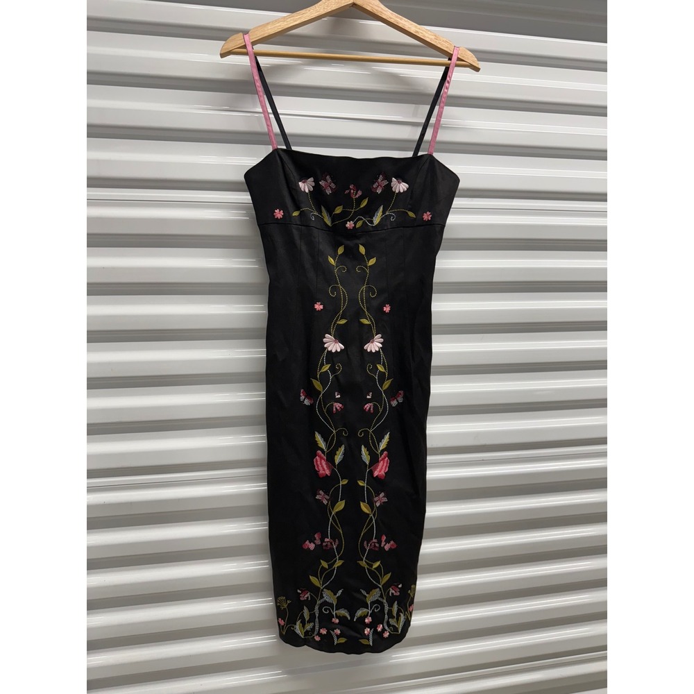 Betsey Johnson New York Black Embroidered Floral Butterfly Midi Dress Womens 6